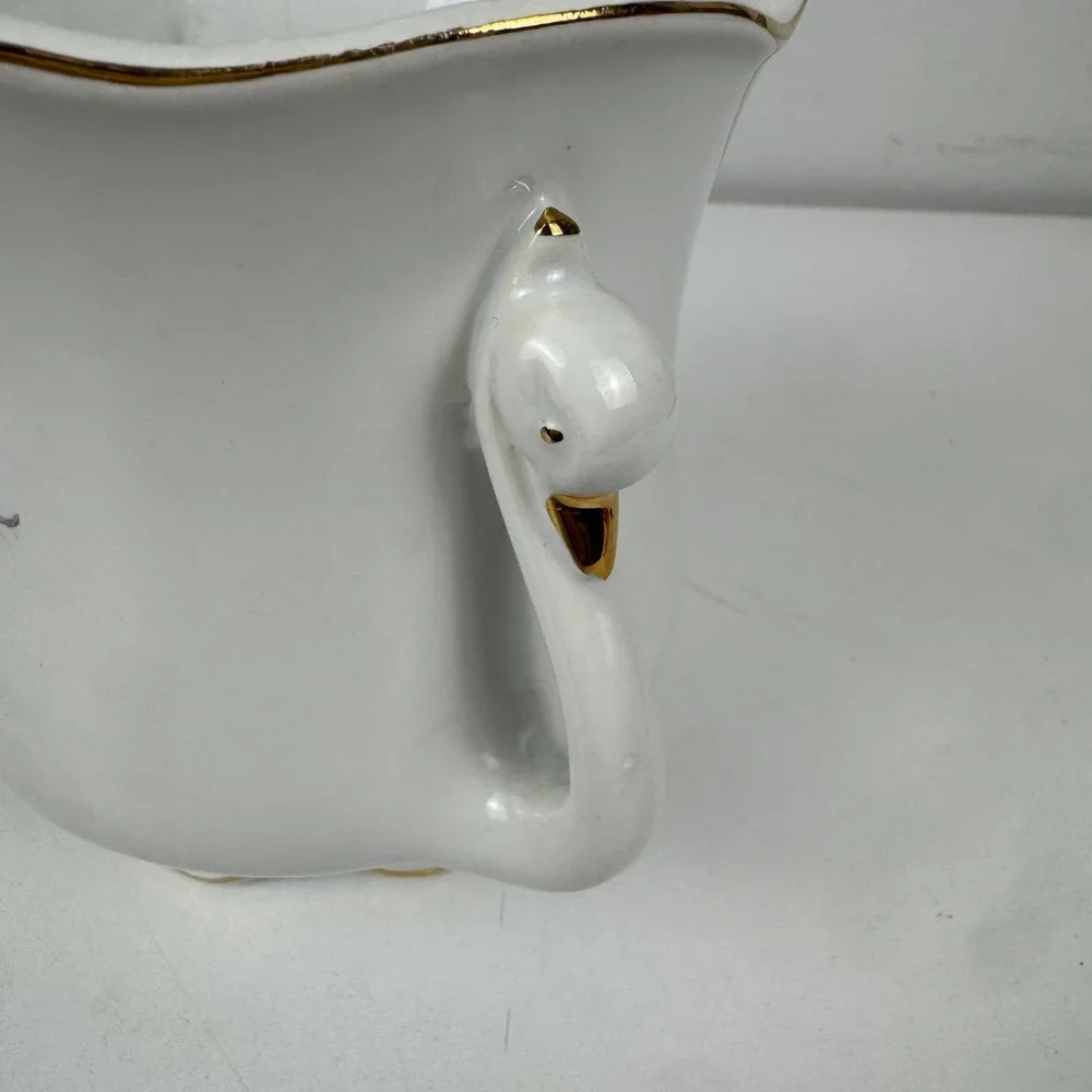 Vtg Valentin Italy Swan Handle Cachepot Planter Floral‎ Porcelain Gold Trim